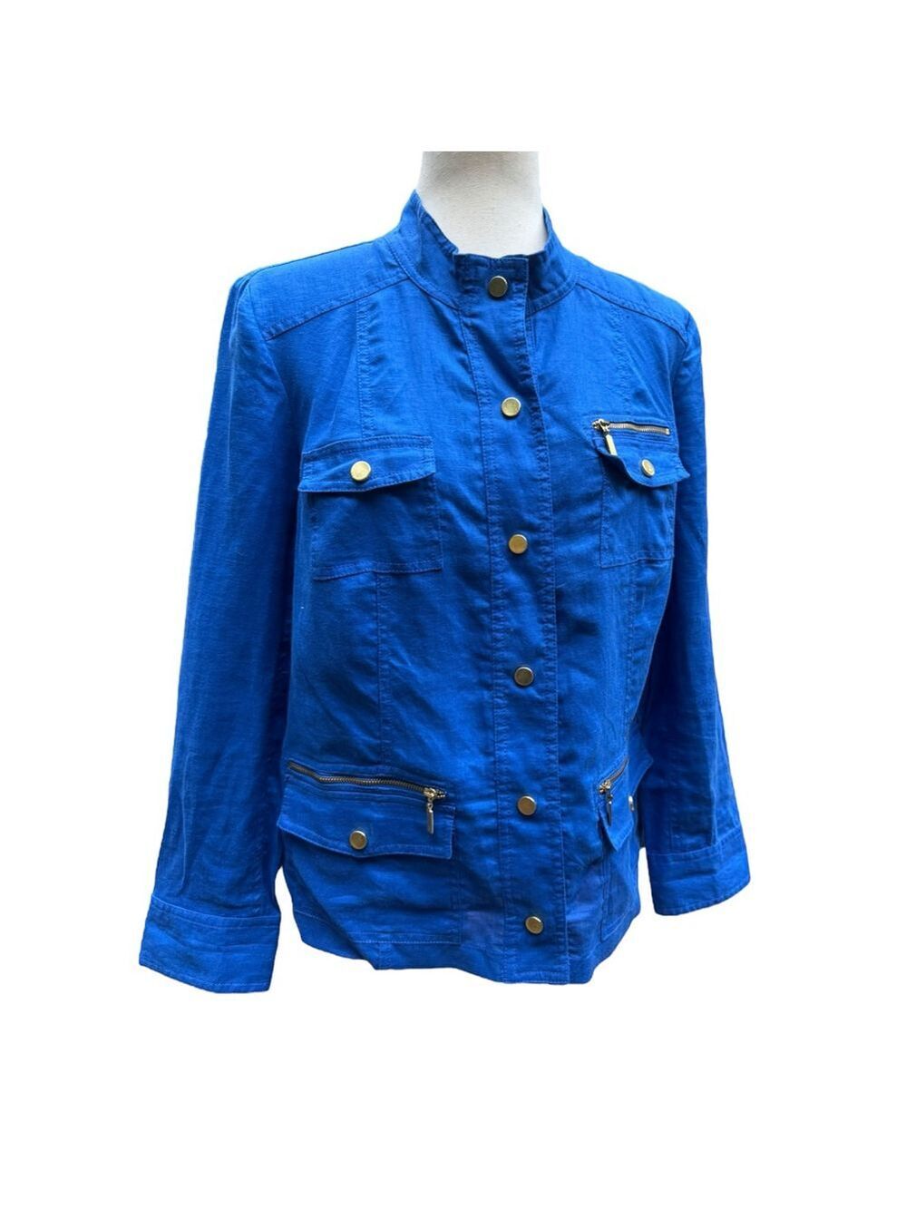 Chico’s 100% Linen Blue Utility Jacket Size 1 (M) Gold Zip Pocket Detail Classic - Picture 11 of 12